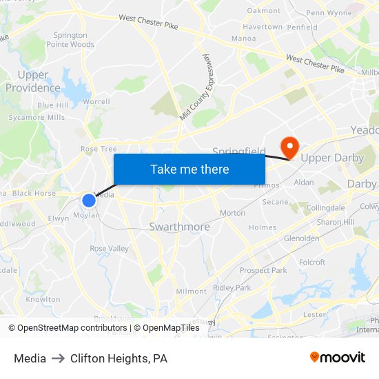 Media to Clifton Heights, PA map