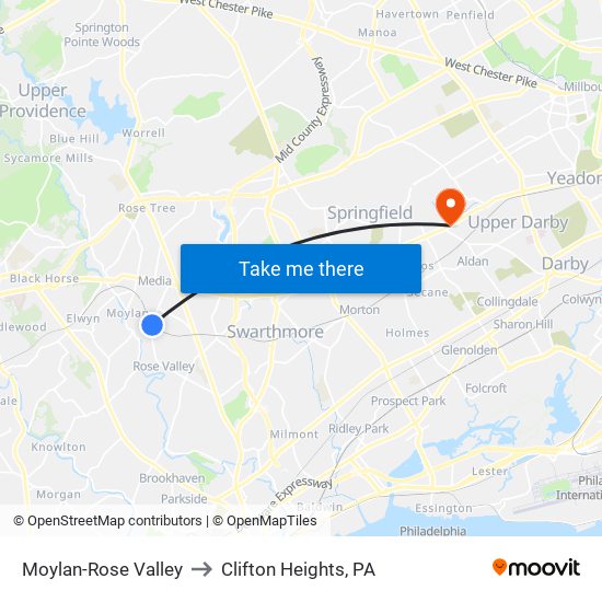 Moylan-Rose Valley to Clifton Heights, PA map