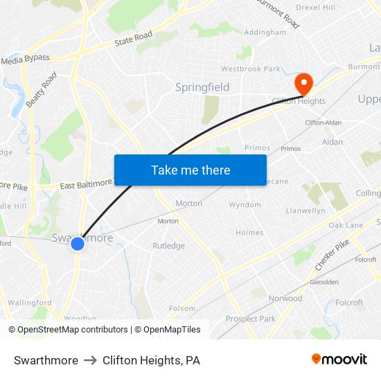 Swarthmore to Clifton Heights, PA map