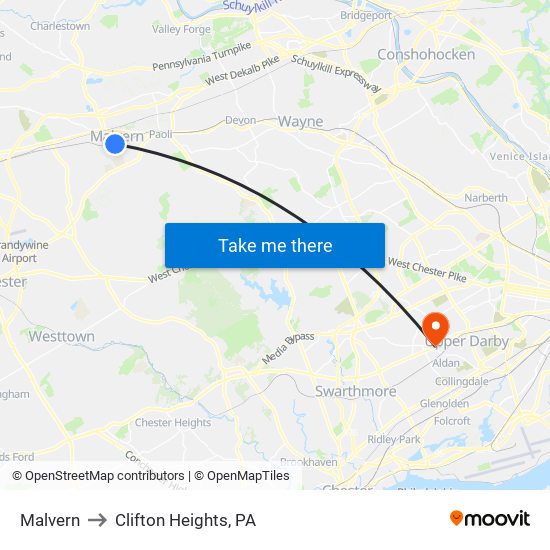 Malvern to Clifton Heights, PA map