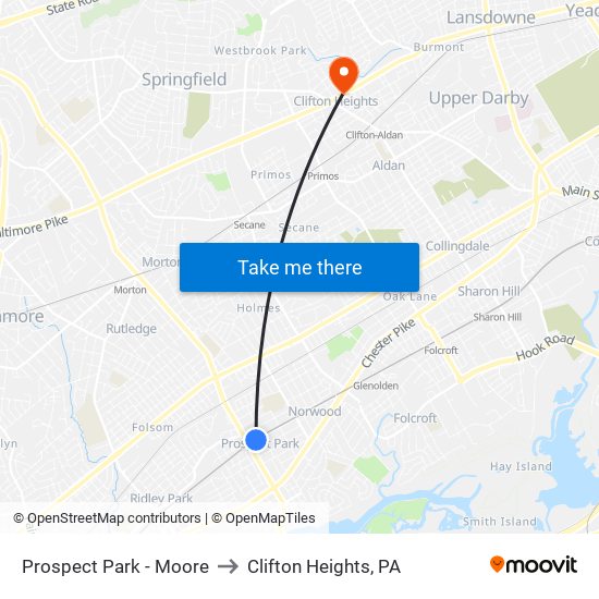 Prospect Park - Moore to Clifton Heights, PA map