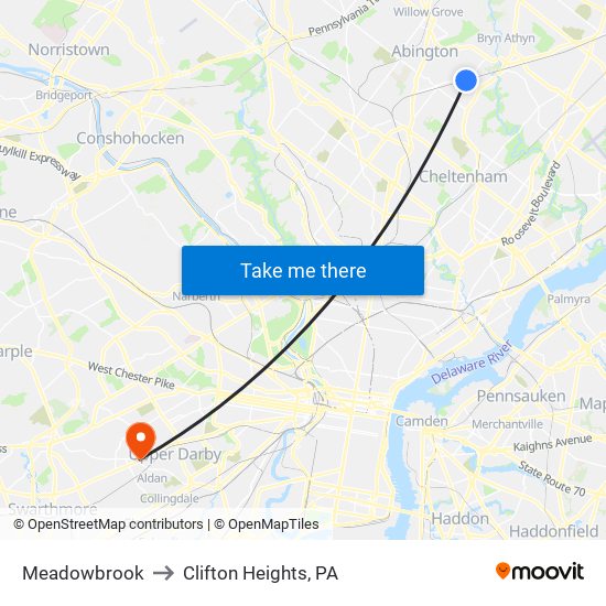 Meadowbrook to Clifton Heights, PA map