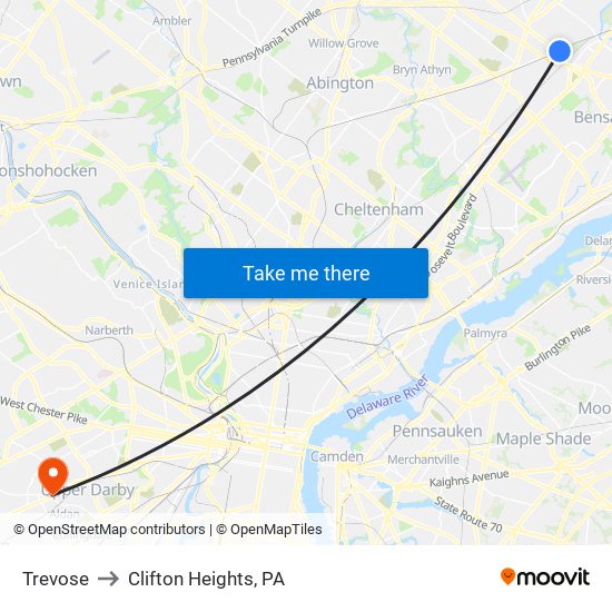 Trevose to Clifton Heights, PA map