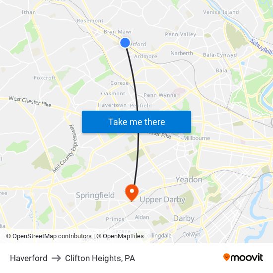 Haverford to Clifton Heights, PA map