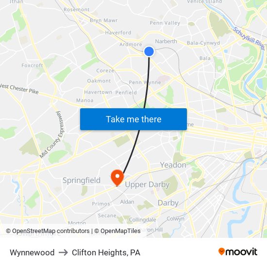 Wynnewood to Clifton Heights, PA map