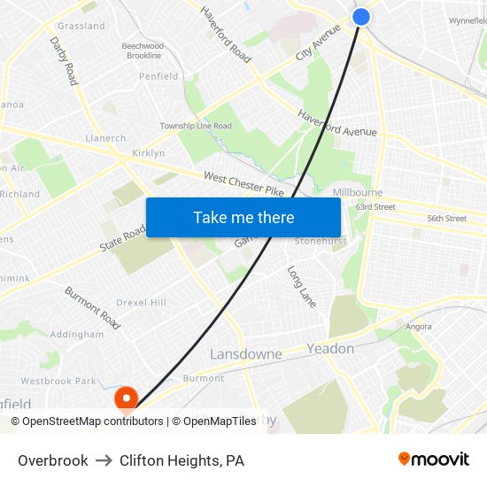 Overbrook to Clifton Heights, PA map