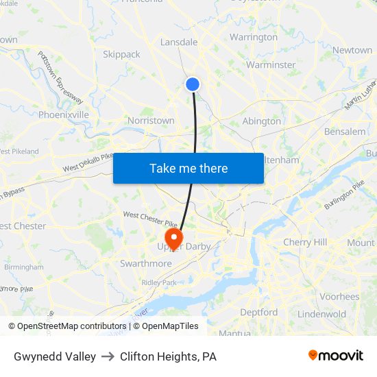 Gwynedd Valley to Clifton Heights, PA map