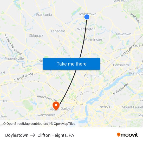 Doylestown to Clifton Heights, PA map