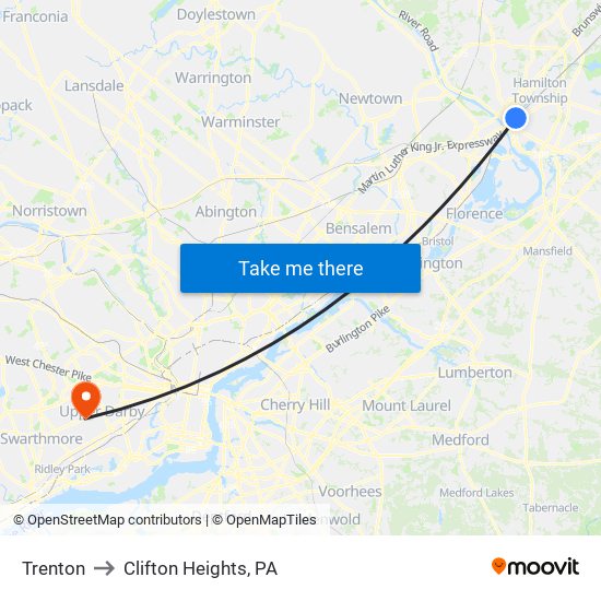 Trenton to Clifton Heights, PA map