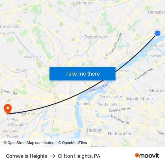Cornwells Heights to Clifton Heights, PA map