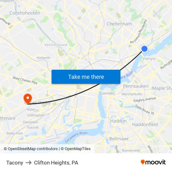Tacony to Clifton Heights, PA map