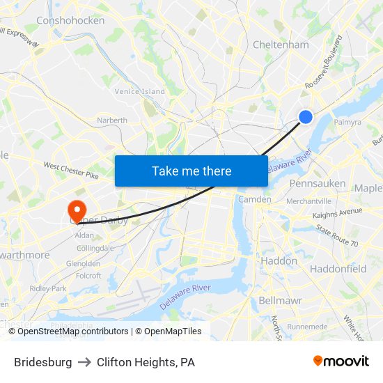 Bridesburg to Clifton Heights, PA map