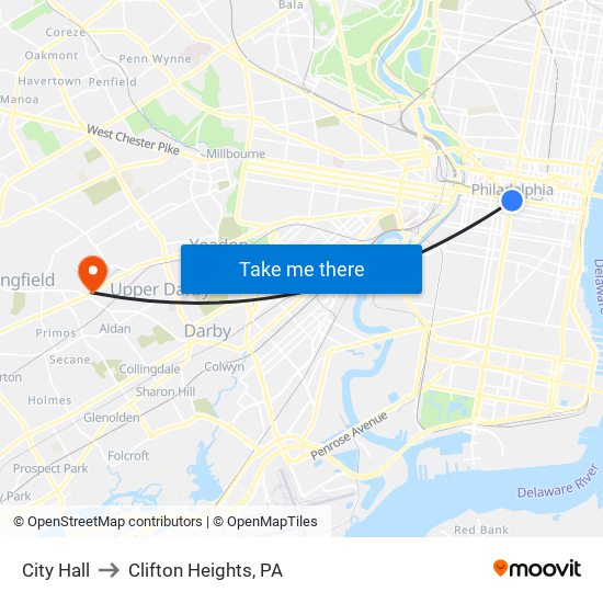 City Hall to Clifton Heights, PA map