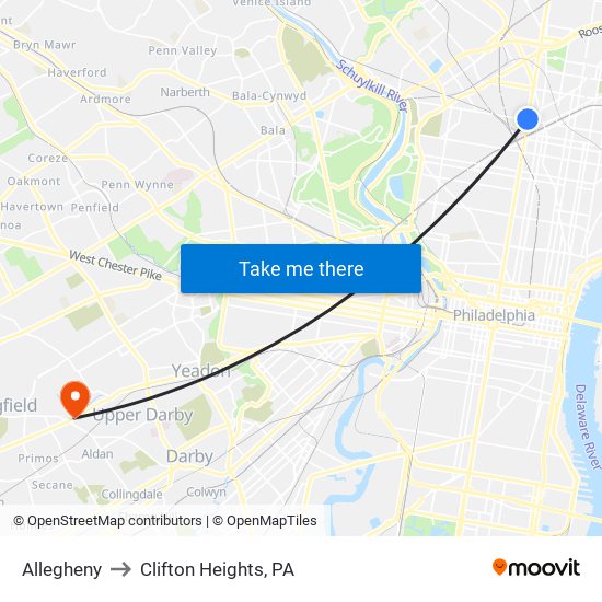 Allegheny to Clifton Heights, PA map