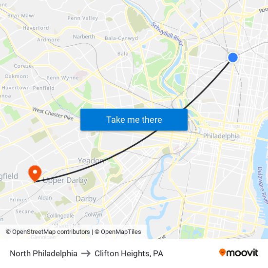 North Philadelphia to Clifton Heights, PA map