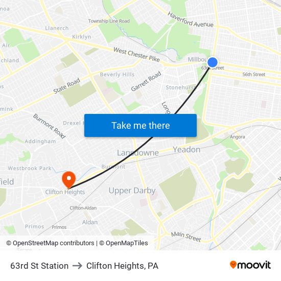 63rd St Station to Clifton Heights, PA map