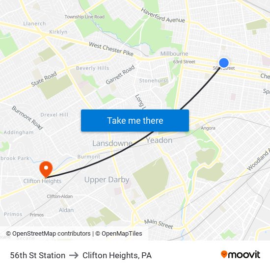 56th St Station to Clifton Heights, PA map