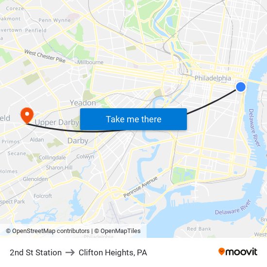2nd St Station to Clifton Heights, PA map