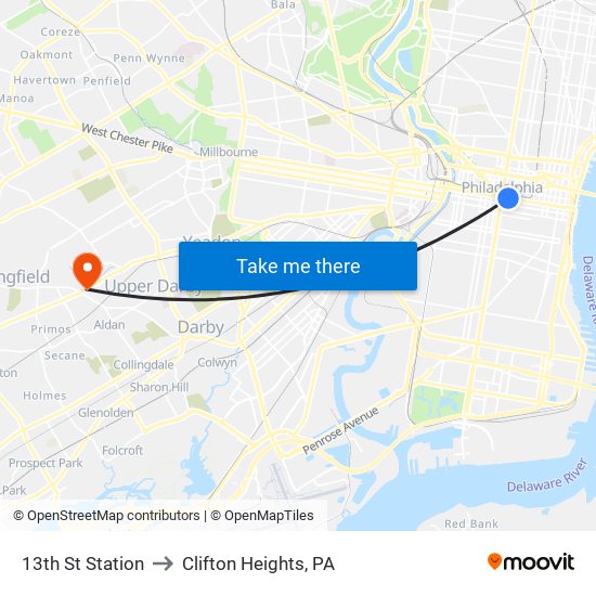 13th St Station to Clifton Heights, PA map