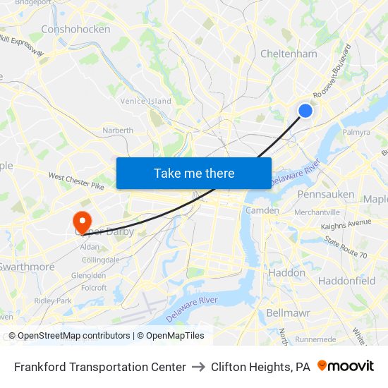 Frankford Transportation Center to Clifton Heights, PA map