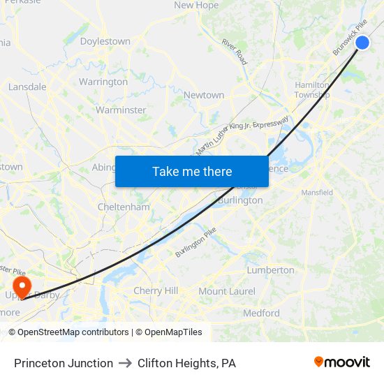 Princeton Junction to Clifton Heights, PA map