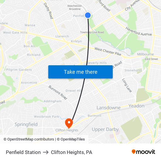 Penfield Station to Clifton Heights, PA map
