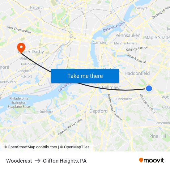 Woodcrest to Clifton Heights, PA map