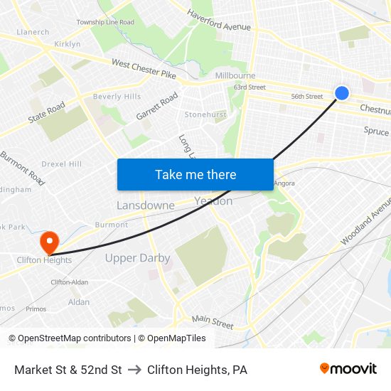 Market St & 52nd St to Clifton Heights, PA map