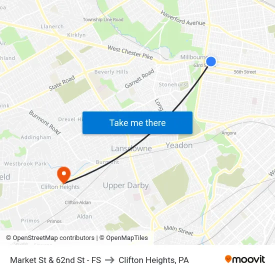 Market St & 62nd St - FS to Clifton Heights, PA map