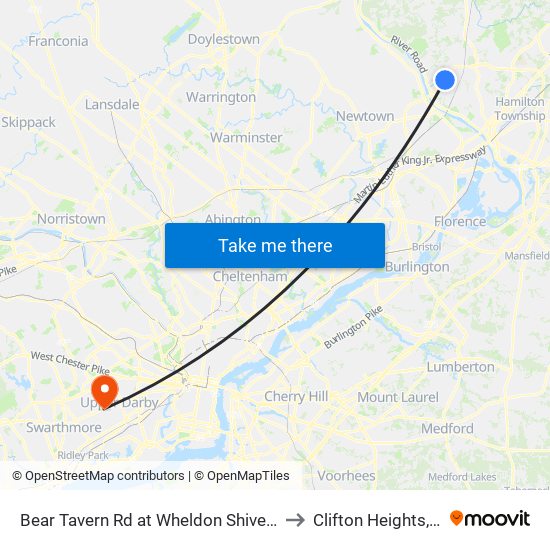 Bear Tavern Rd at Wheldon Shivers Dr to Clifton Heights, PA map