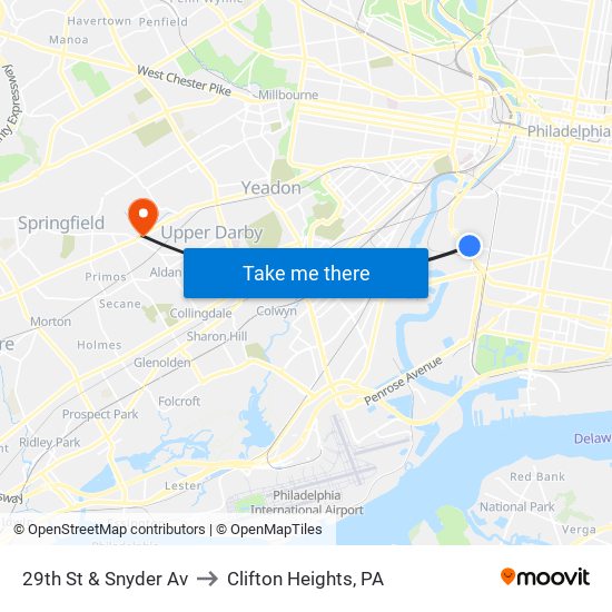 29th St & Snyder Av to Clifton Heights, PA map