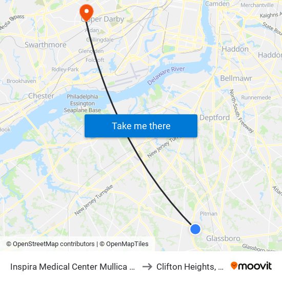 Inspira Medical Center Mullica Hill to Clifton Heights, PA map