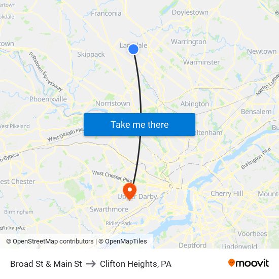 Broad St & Main St to Clifton Heights, PA map
