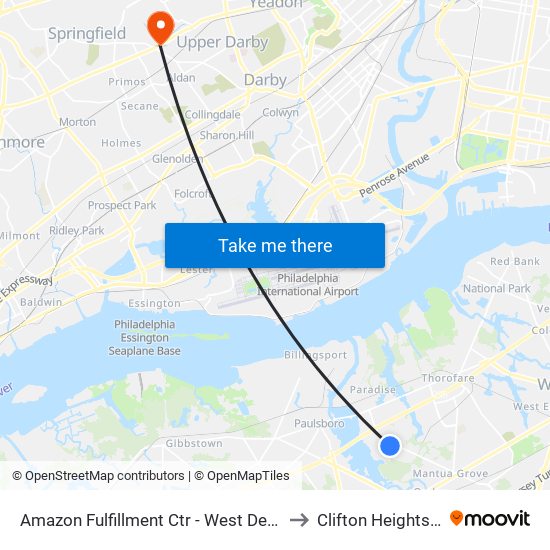 Amazon Fulfillment Ctr - West Deptford to Clifton Heights, PA map