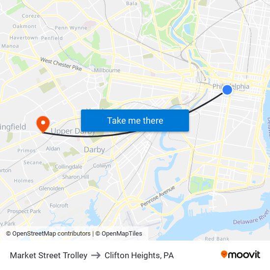 Market Street Trolley to Clifton Heights, PA map