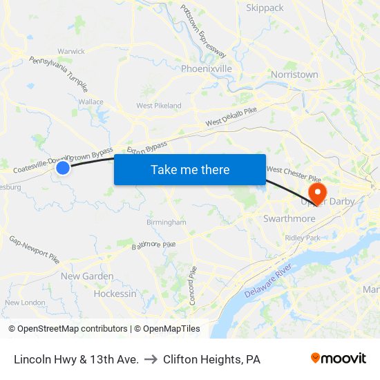 Lincoln Hwy & 13th Ave. to Clifton Heights, PA map