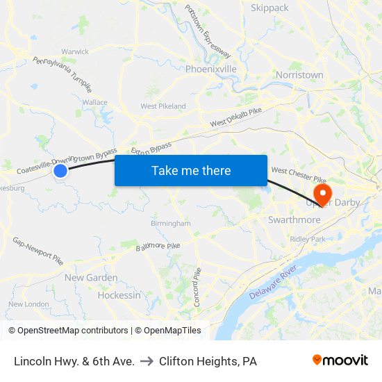 Lincoln Hwy. & 6th Ave. to Clifton Heights, PA map