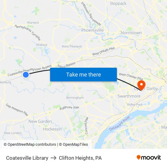 Coatesville Library to Clifton Heights, PA map