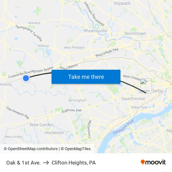 Oak & 1st Ave. to Clifton Heights, PA map