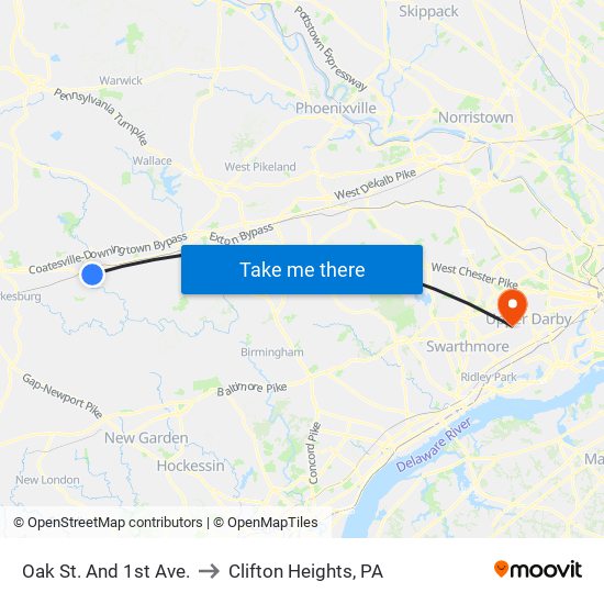 Oak St. And 1st Ave. to Clifton Heights, PA map