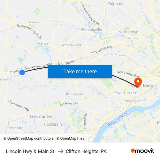 Lincoln Hwy & Main St. to Clifton Heights, PA map