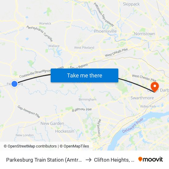 Parkesburg Train Station (Amtrak) to Clifton Heights, PA map