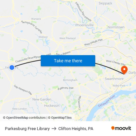 Parkesburg Free Library to Clifton Heights, PA map