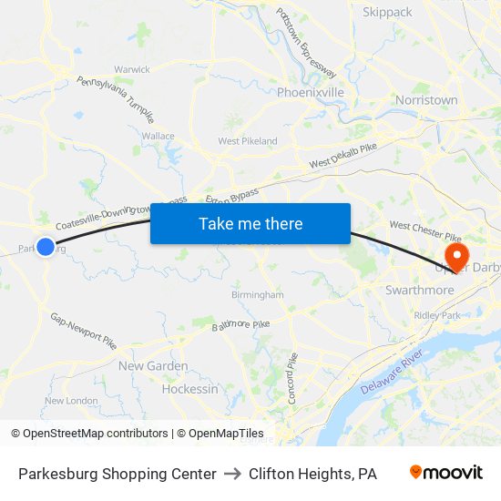 Parkesburg Shopping Center to Clifton Heights, PA map