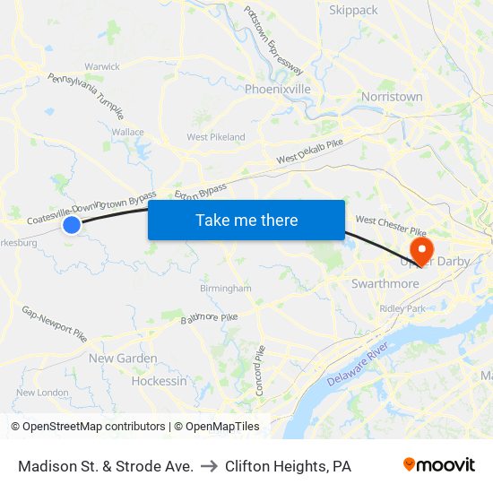 Madison St. & Strode Ave. to Clifton Heights, PA map