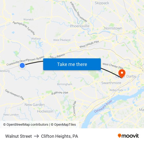 Walnut Street to Clifton Heights, PA map