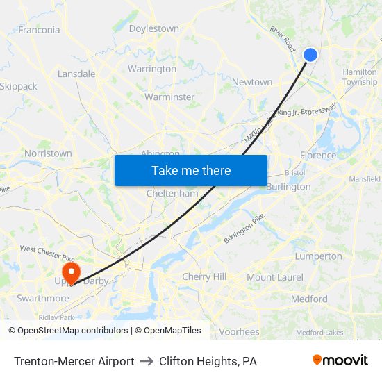 Trenton-Mercer Airport to Clifton Heights, PA map