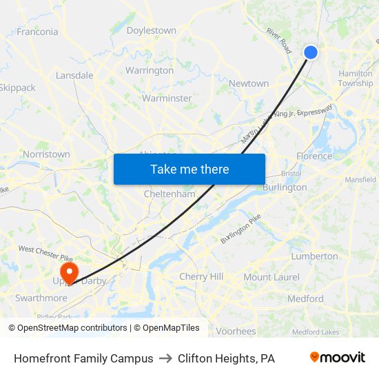 Homefront Family Campus to Clifton Heights, PA map