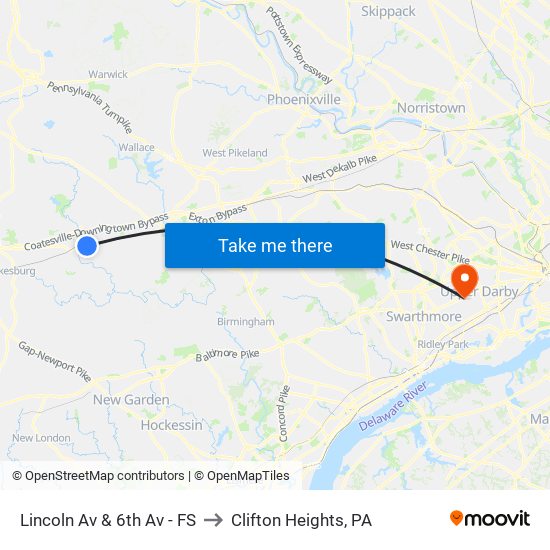 Lincoln Av & 6th Av - FS to Clifton Heights, PA map