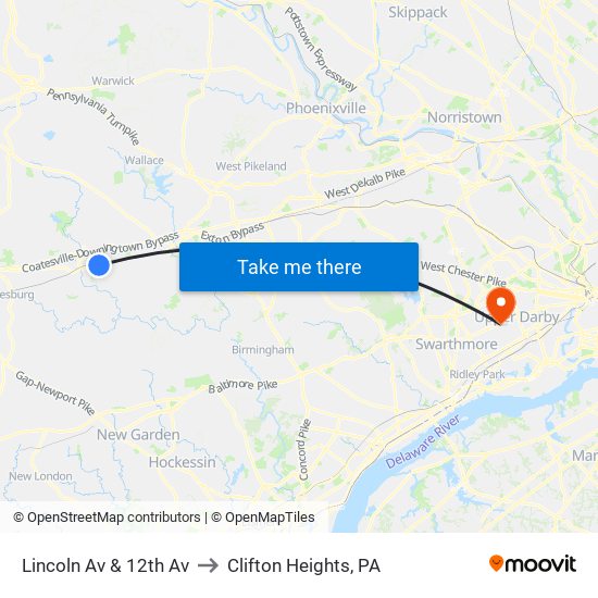 Lincoln Av & 12th Av to Clifton Heights, PA map